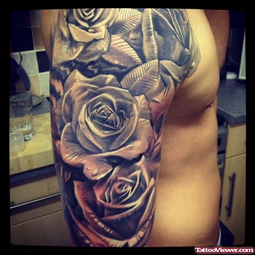 Grey Rose Flowers Sleeve Tattoo