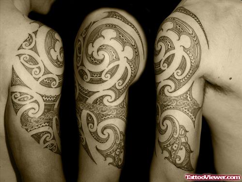 Grey Ink Polynesian Half Sleeve Tattoo