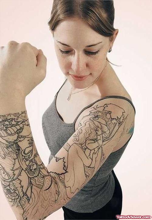 Grey Ink Left Sleeve Tattoo For Young Girls