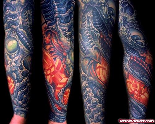 Amazing Colored Biomechanical Sleeve Tattoo
