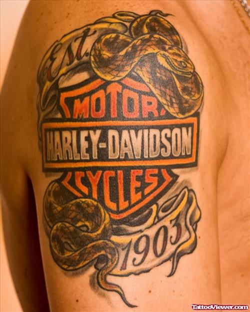 Harley Davidson Snake Tattoo On Shoulder