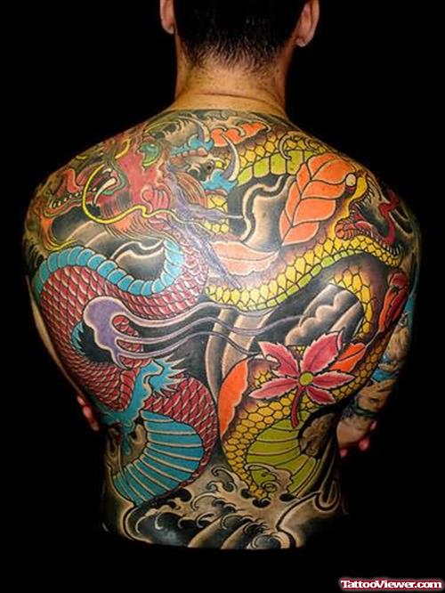 Colourful Snake Tattoo On Back Body