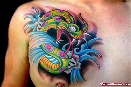 Angry Green Snake Tattoo On Chest