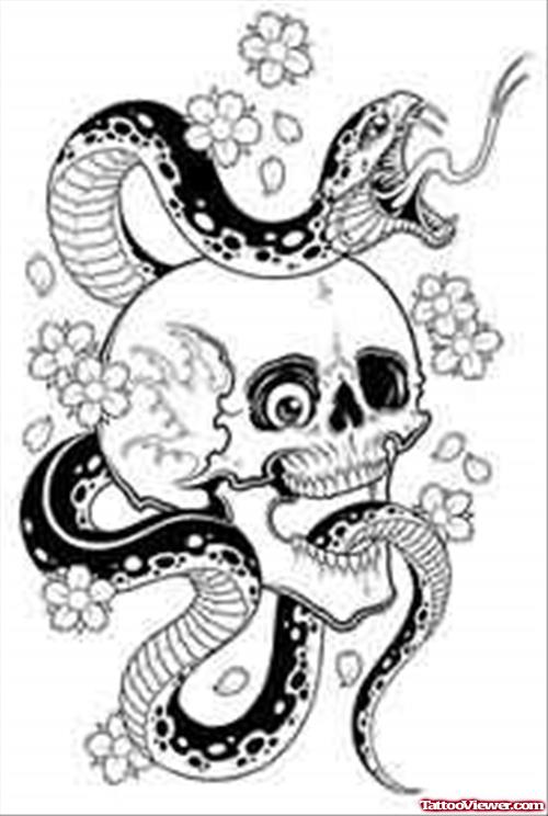 Flowers snake And Skull Tattoo Design
