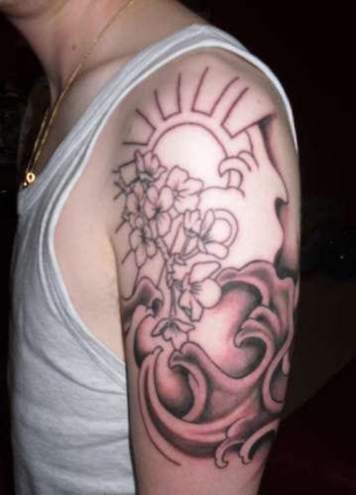 Sun Clods And Flowers Grey Ink Half Sleeve Tattoo