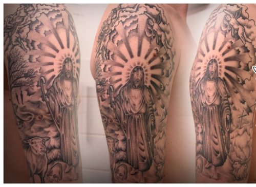 Grey Ink Jesus Sleeve Tattoo