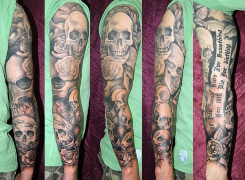 Grey Ink Skulls And Rose Flowers Sleeve Tattoo