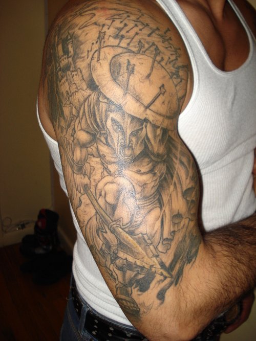 Satan Grey Ink Sleeve Tattoo For Men