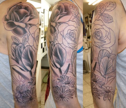 Rose And Orchid Flowers Sleeve Tattoo