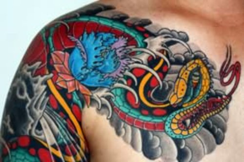 Japanese Dragon and Snake Tattoos On Shoulder