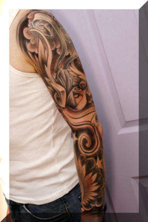 Swallows And Flowers Sleeve Tattoo