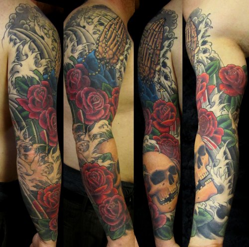 Praying Hands Rosary And Red Roses With Skull Sleeve Tattoo