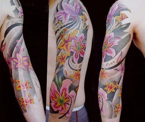 Japanese Pink Flowers Sleeve Tattoo