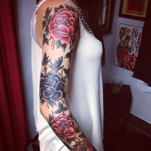 Red Roses And Black Rose Sleeve Tattoo
