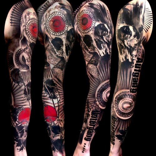Grey Ink Skulls And Abstract Sleeve Tattoo