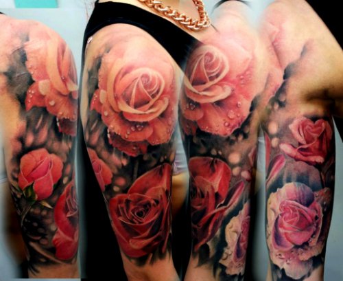 Red Flowers Sleeve Tattoo