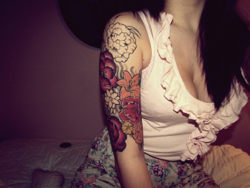 Cool Girl With Colored Flowers Sleeve Tattoo