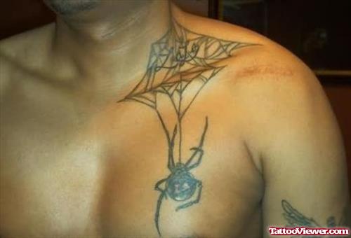 Spider Web and Spider Tattoo on Chest