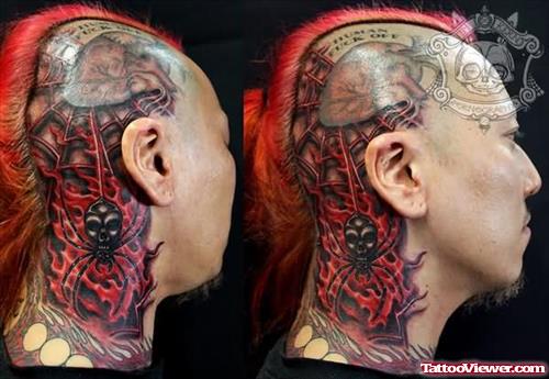 Spider And Spider Web Tattoo On Head