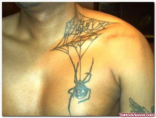Spider In web Tattoo On Shoulder