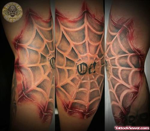 Grey And Red Ink Spider Web Tattoo