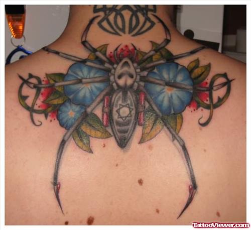 Flowers And Spider Tattoo On Back