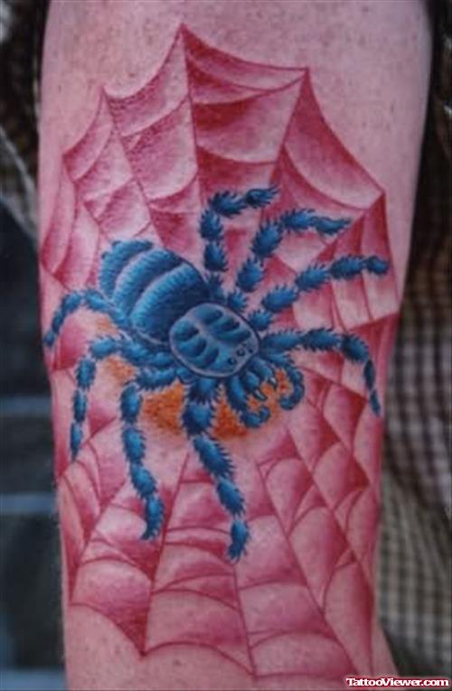 Blue Spider And Red Web Amazing Tattoo