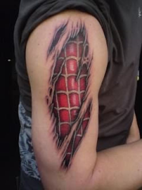 Red Ink Spider Tattoo On Muscles