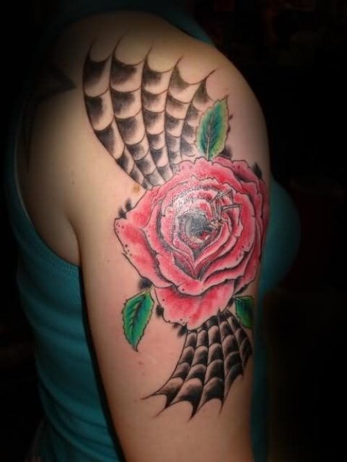 Rose And Spider Tattoo On Sleeve