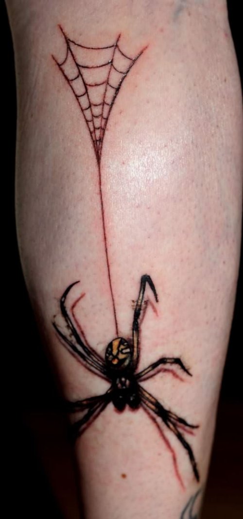Spider Hanging Tattoo On Leg