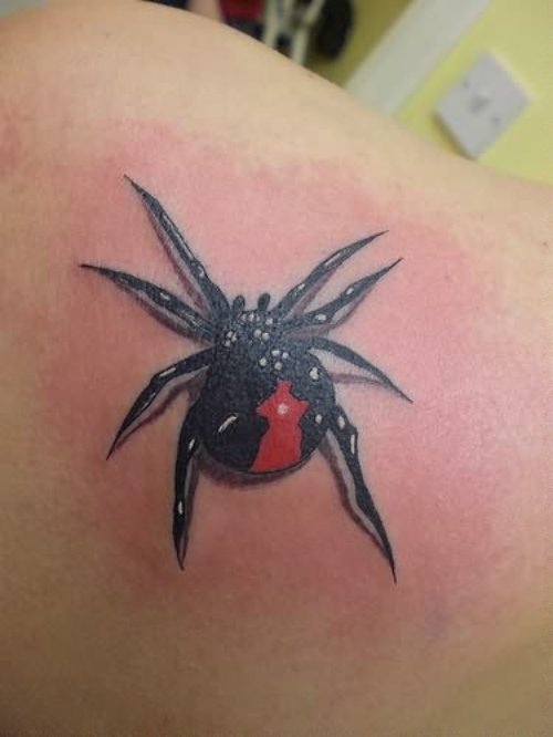 Red Ink Spider Tattoo On Back Shoulder