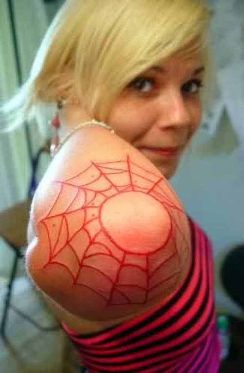 Red Web Spider Tattoo On Elbow