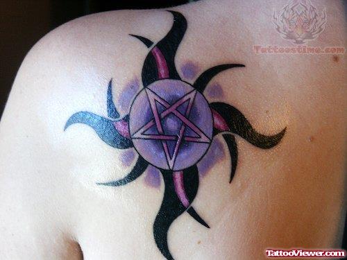 Spiritual Moon Tattoo On Back Shoulder