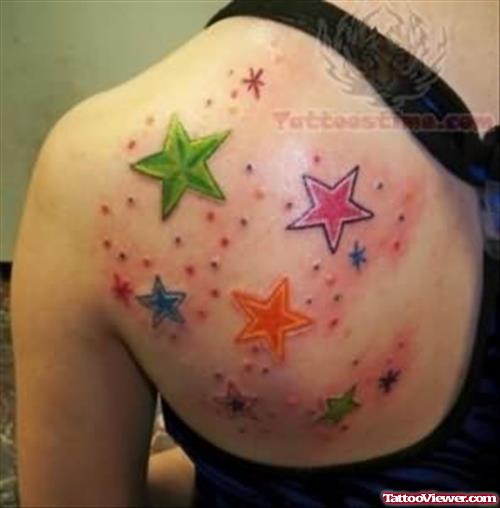 Colorful Star Tattoos On Girl Shoulder