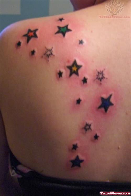 Stars Back Shoulder Tattoo On Back