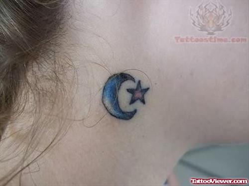 Moon And Star Tattoo On Neck