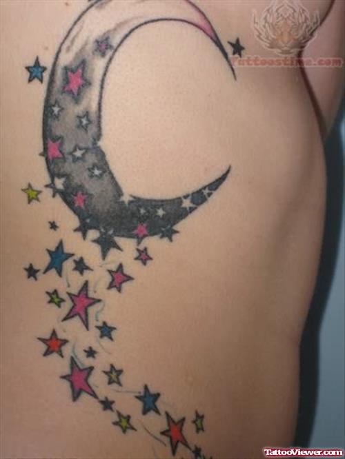Colored ink Moon And Stars Tattoos