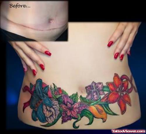 Beautiful Flowers Tattoo On Stomach