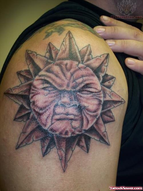 Amazing Sun Tattoo On Shoulder