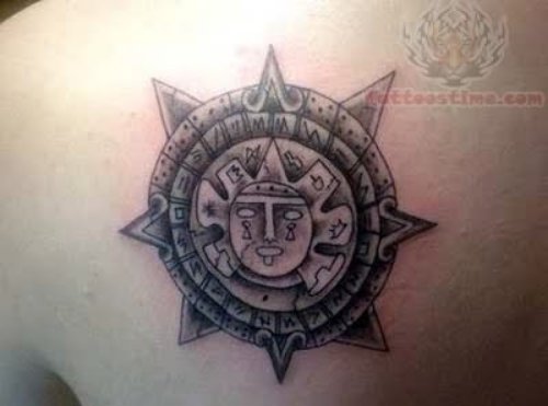Aztec Sun Tattoo On Back Shoulder