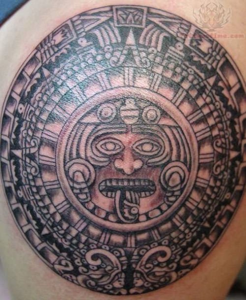 Aztec Sun Tattoo On Shoulder