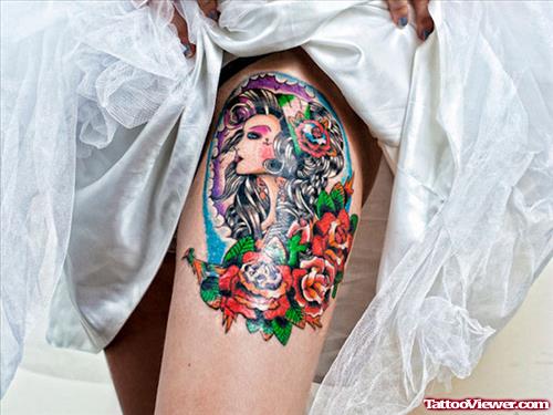 Red Roses And Girl Head Thigh Tattoo
