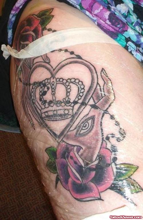 Red Rose And Crown Heart Thigh Tattoo