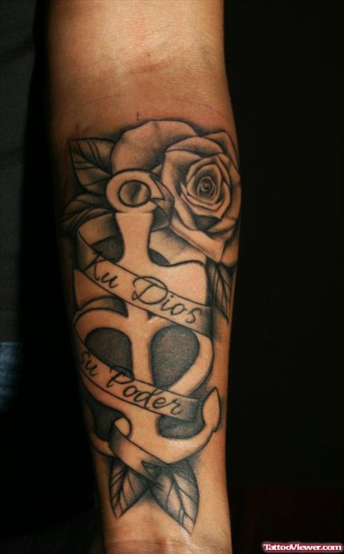 Grey Rose And anchor With Banner Thigh Tattoo