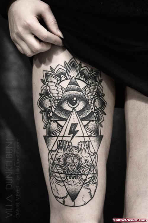 Grey Ink Geometric Thigh Tattoo