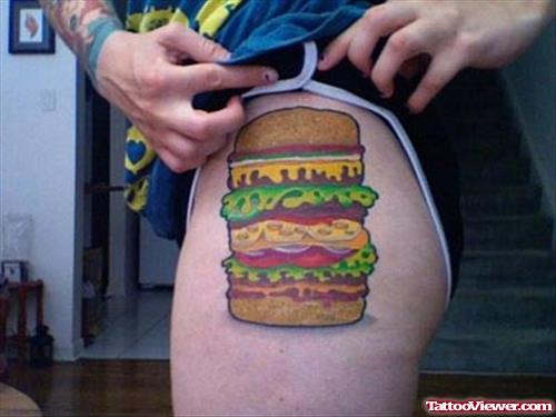 Colored Fast Food Burger Thigh Tattoo