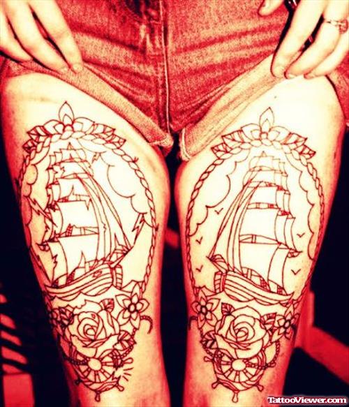 Ship and Flowers Thigh Tattoos