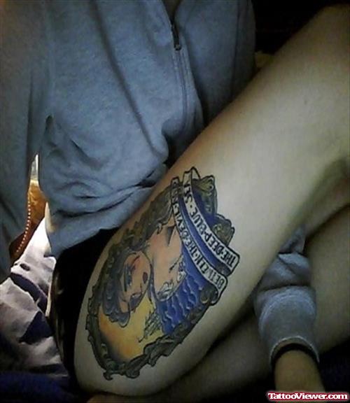 Girl With Banner Thigh Tattoo
