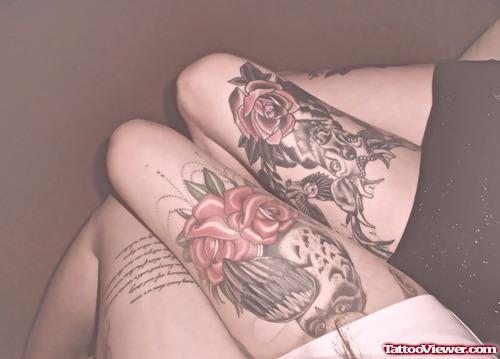 Deer Head And Owl with Red Rose Thigh Tattoos