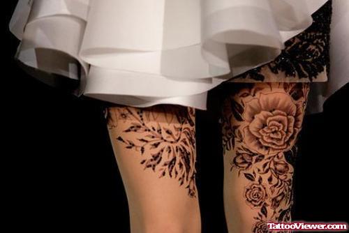 Flowers Thigh Tattoo For Girls